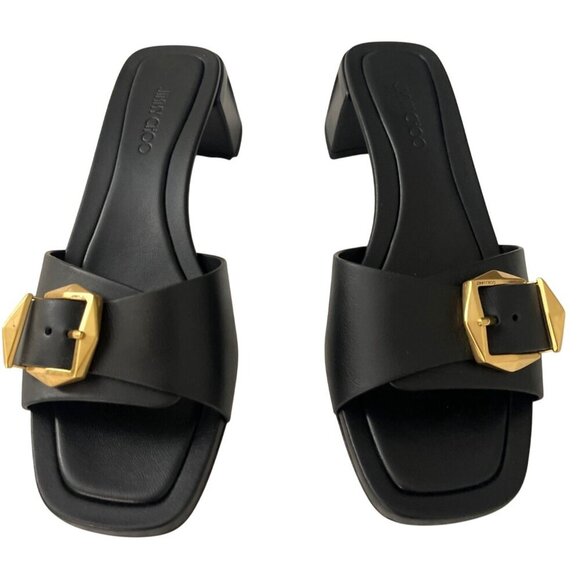 Jimmy Choo Black Hawke 40 Block Leather Slide Sandal Shoes Sz 38 US 8 - Picture 2 of 11